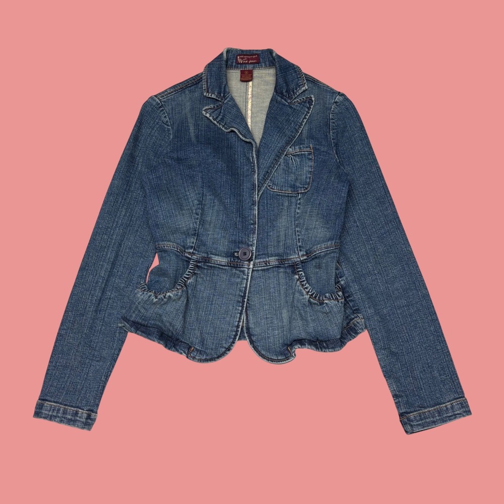 Wax Jean Women Blue Denim Peplum Blazer Jacket Medium Wash GV-1047 Size S
